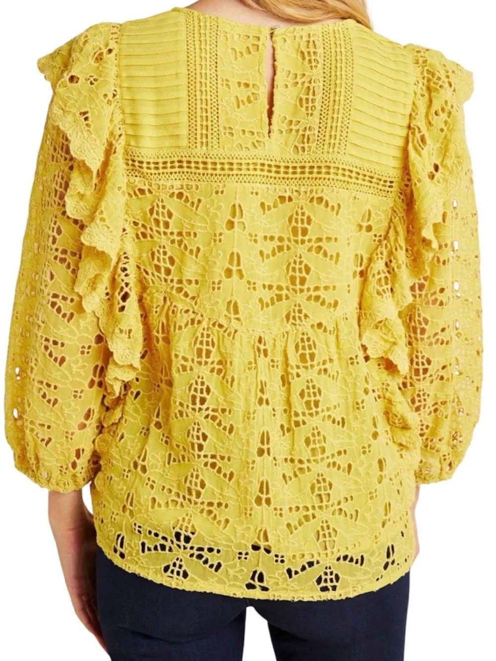 Anthropologie Clementine Eyelet Lace Ruffle Babydoll Blouse Yellow US 12